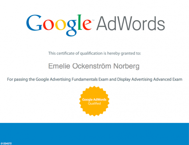 Emelie Ockenström Norberg- Google AdWords certifierad